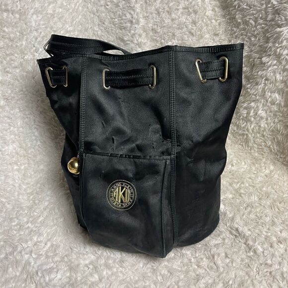 ANN KLEIN II Black Satin medium sling back brass accents . - Picture 3 of 16